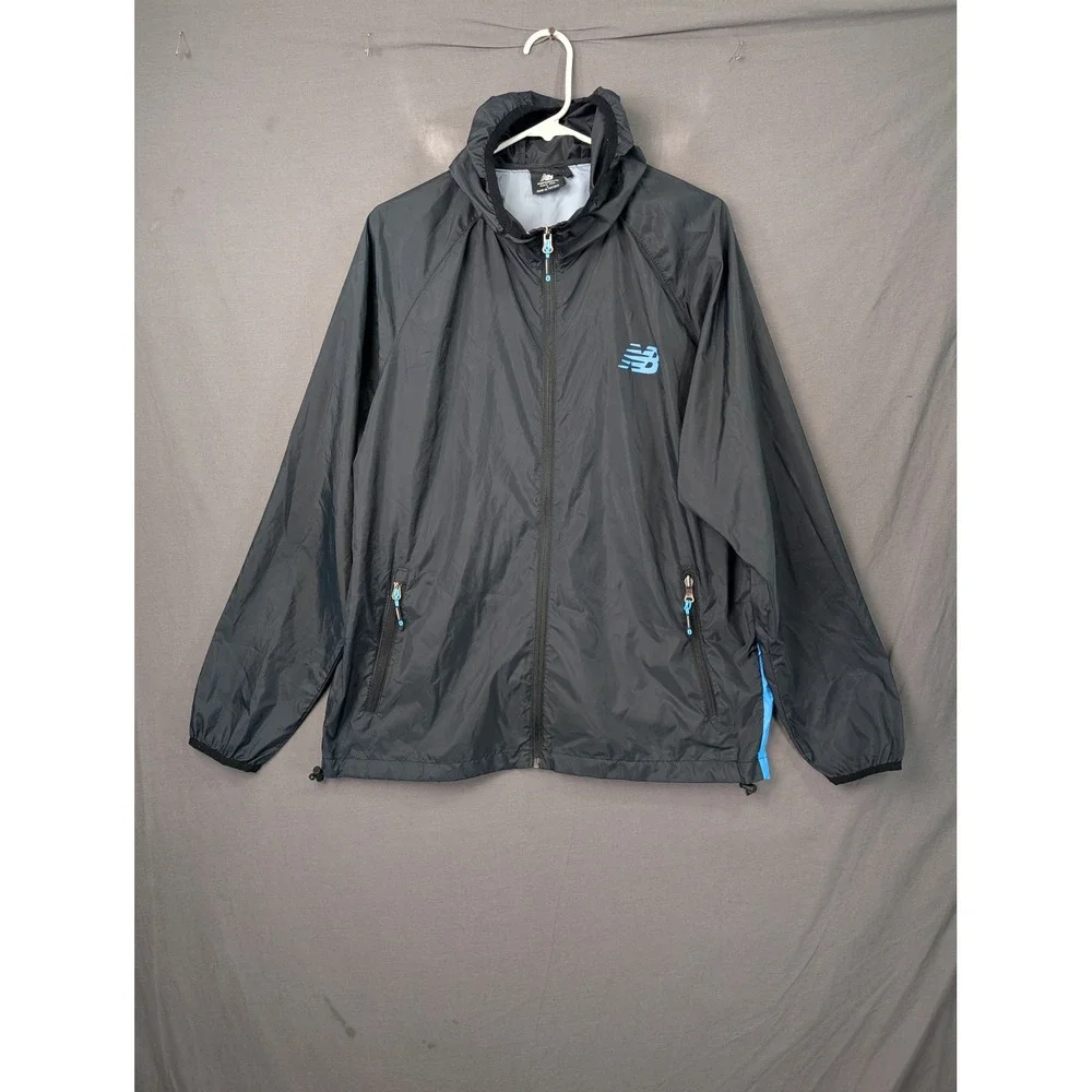 New Balance Mens Windbreaker Jacket Large Black Blue Hooded Full Zip RN130893